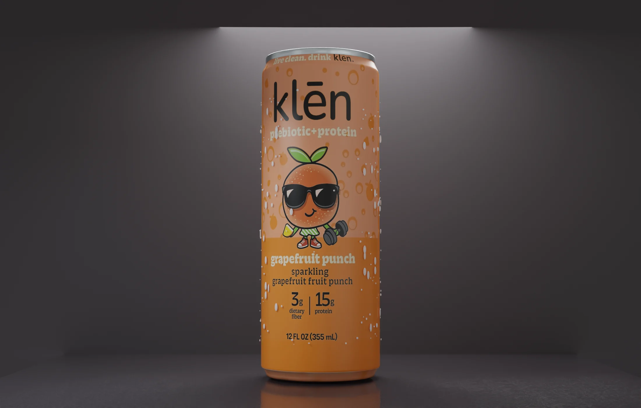 an ice cold klēn prebiotic can dripping with condensation